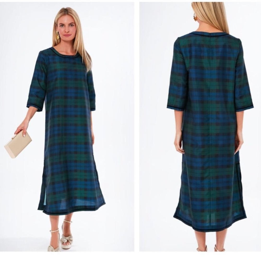 Tuckernuck | NEW Jamie Velvet Trimmed Plaid Blackwatch Midi Dress Size XS